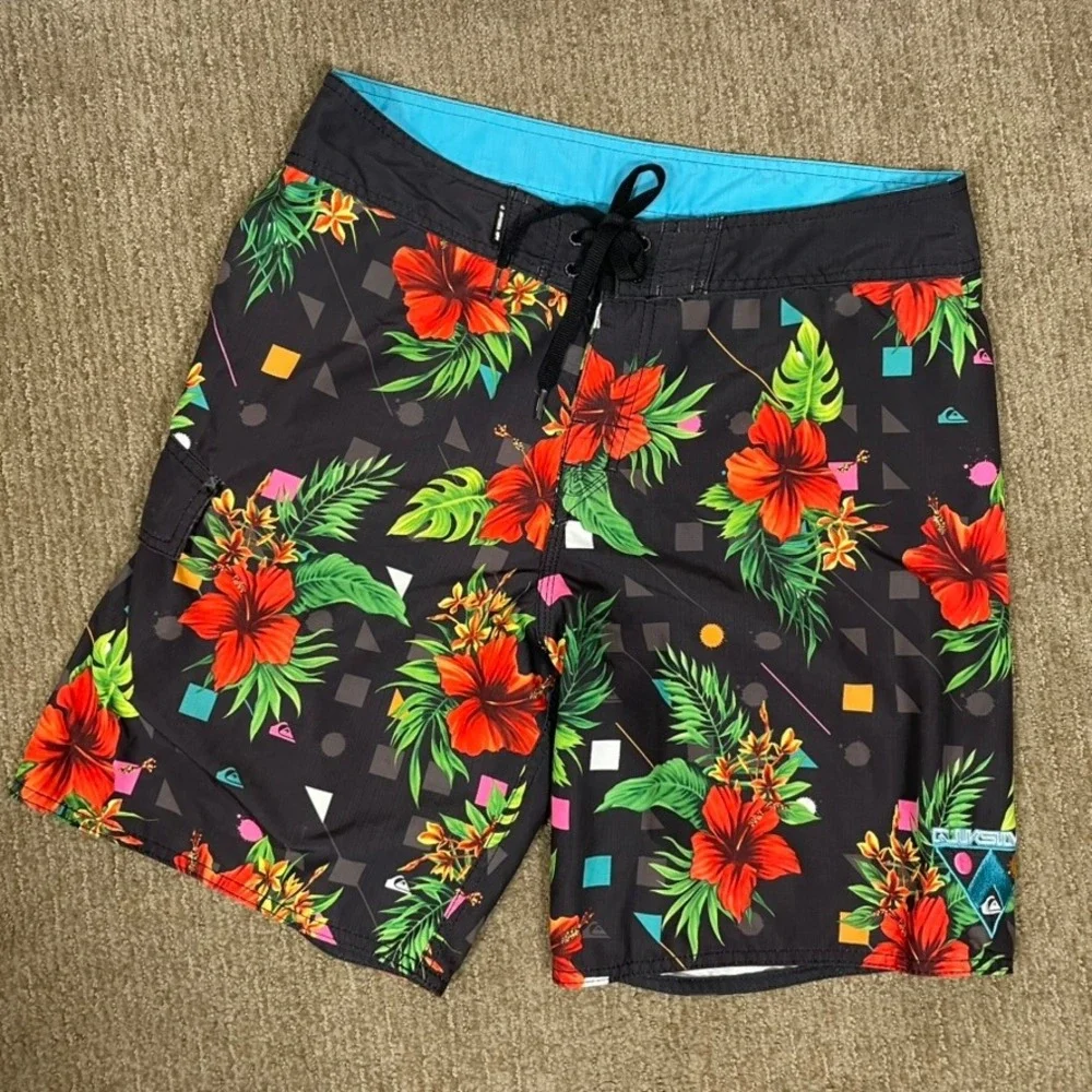 Quiksilver Board Shorts Mens‎ 34 Black Floral Geometric Retro Resort Surf Trunks